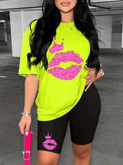 Lips & Crown Print Two Piece Set Casual Short Sleeve T shirt & Biker Shorts