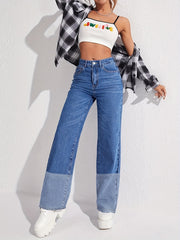 Colorblock Slash Pockets High Waist Baggy Denim Pants