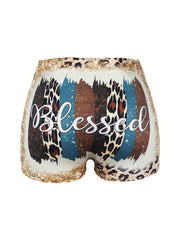 Letter & Leopard Print Skinny Shorts for Women