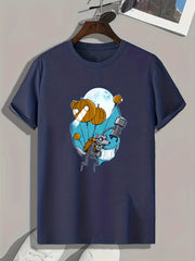 Flying Cartoon Wolf Print Men's Graphic T-shirt for Summer
