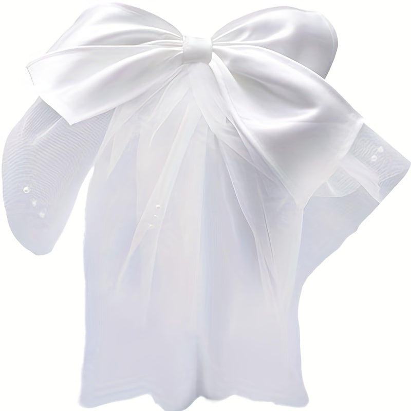 Short Bridal Head Veil with Comb & Bow - Wedding Accessory