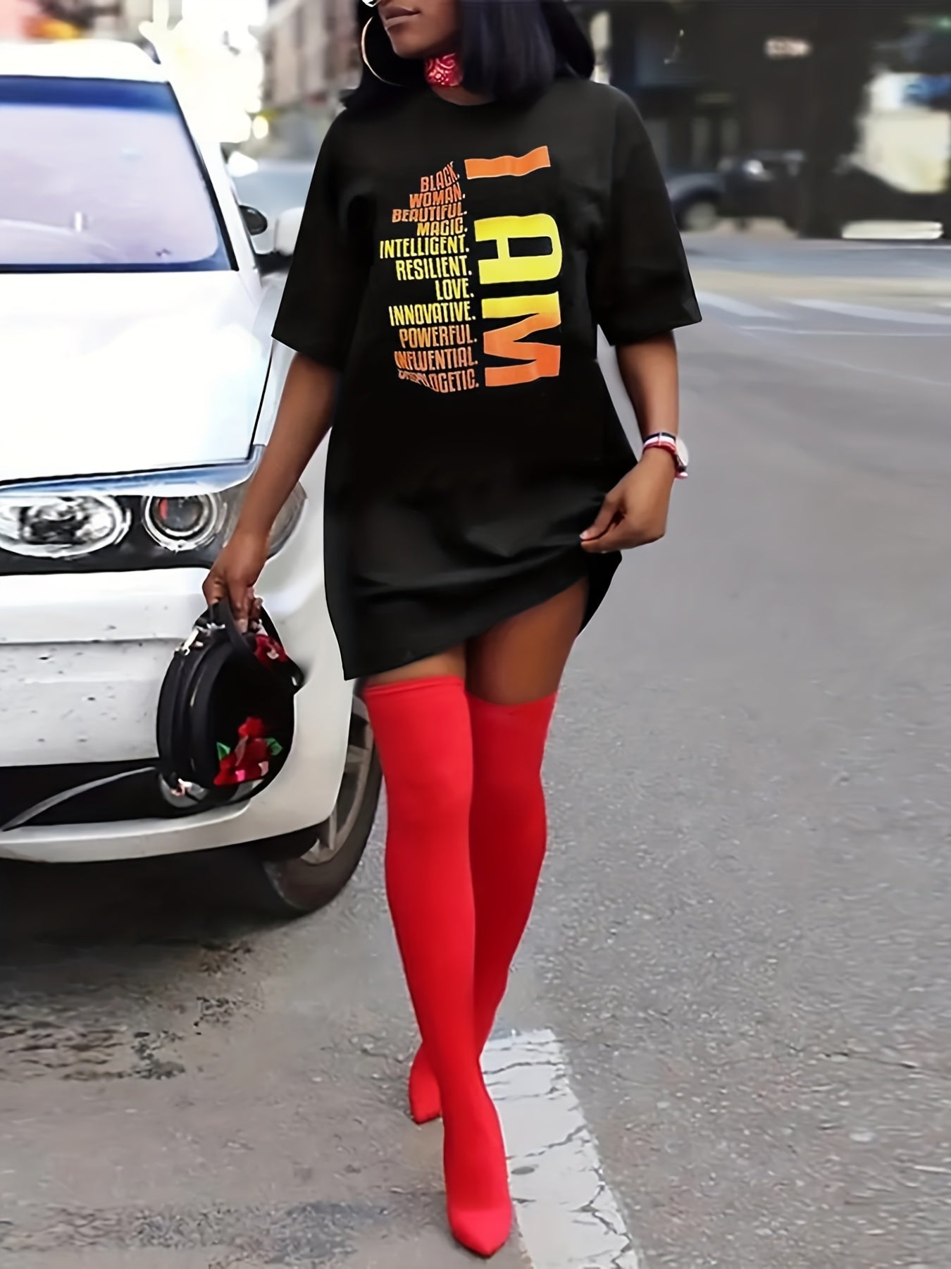 Women's Tee Dress Letter Print Short Sleeve Round Neck