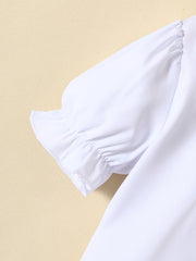Girls Puff Sleeves Button Casual Frill Trim Short Sleeve Shirt Top
