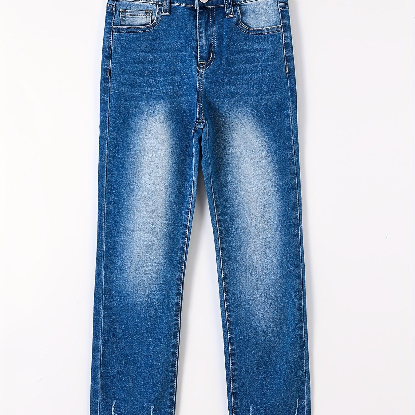 Girls' Stretch Straight Leg Jeans Slightly Frayed Denim Trousers