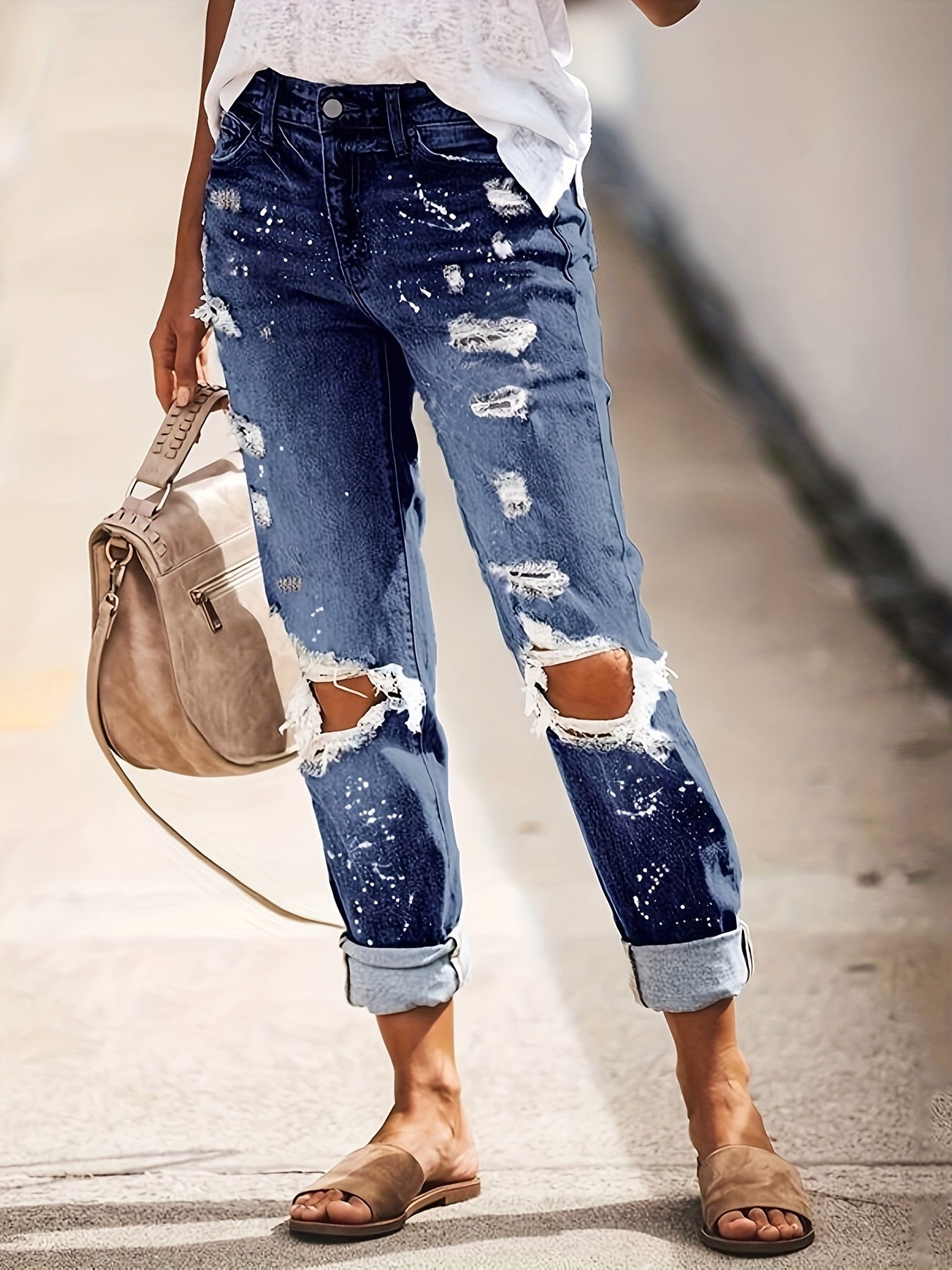 Women's Ripped Straight Jeans Non-Stretch Denim Pants