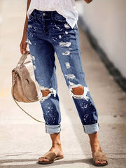 Women's Ripped Straight Jeans Non-Stretch Denim Pants