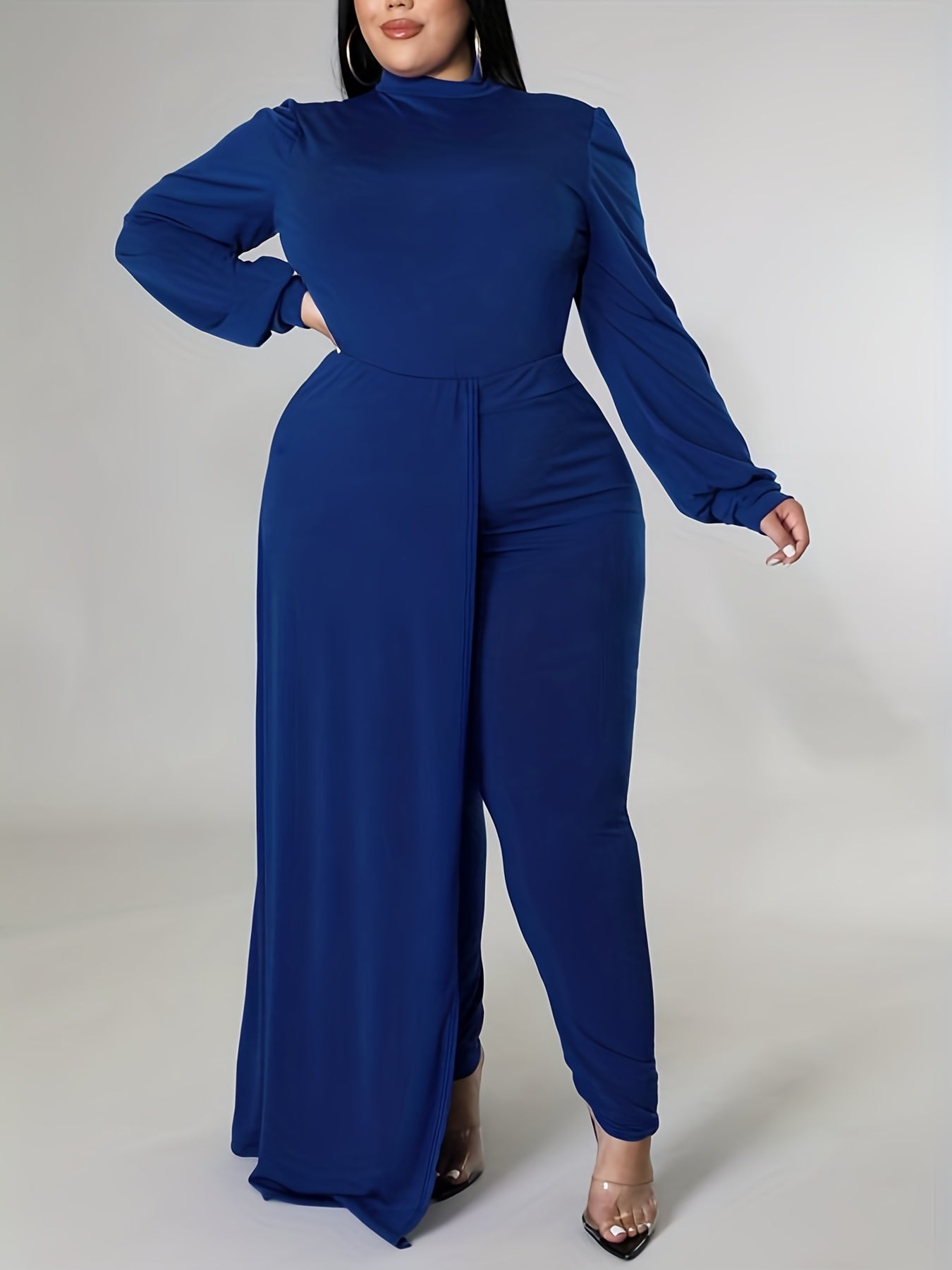 Solid Long Sleeve Mock Neck Jumpsuit