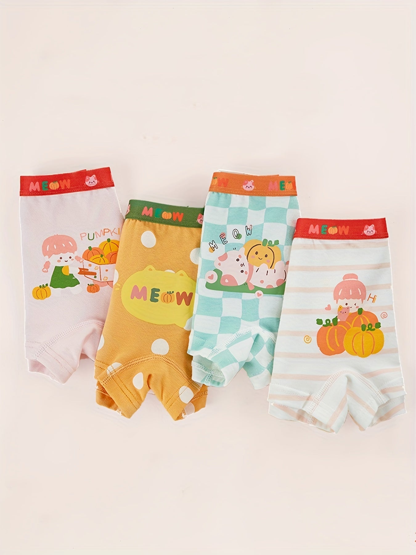 4pcs Girl's Boxer Briefs Cartoon Print Elastic Waist Underwear 95% Cotton