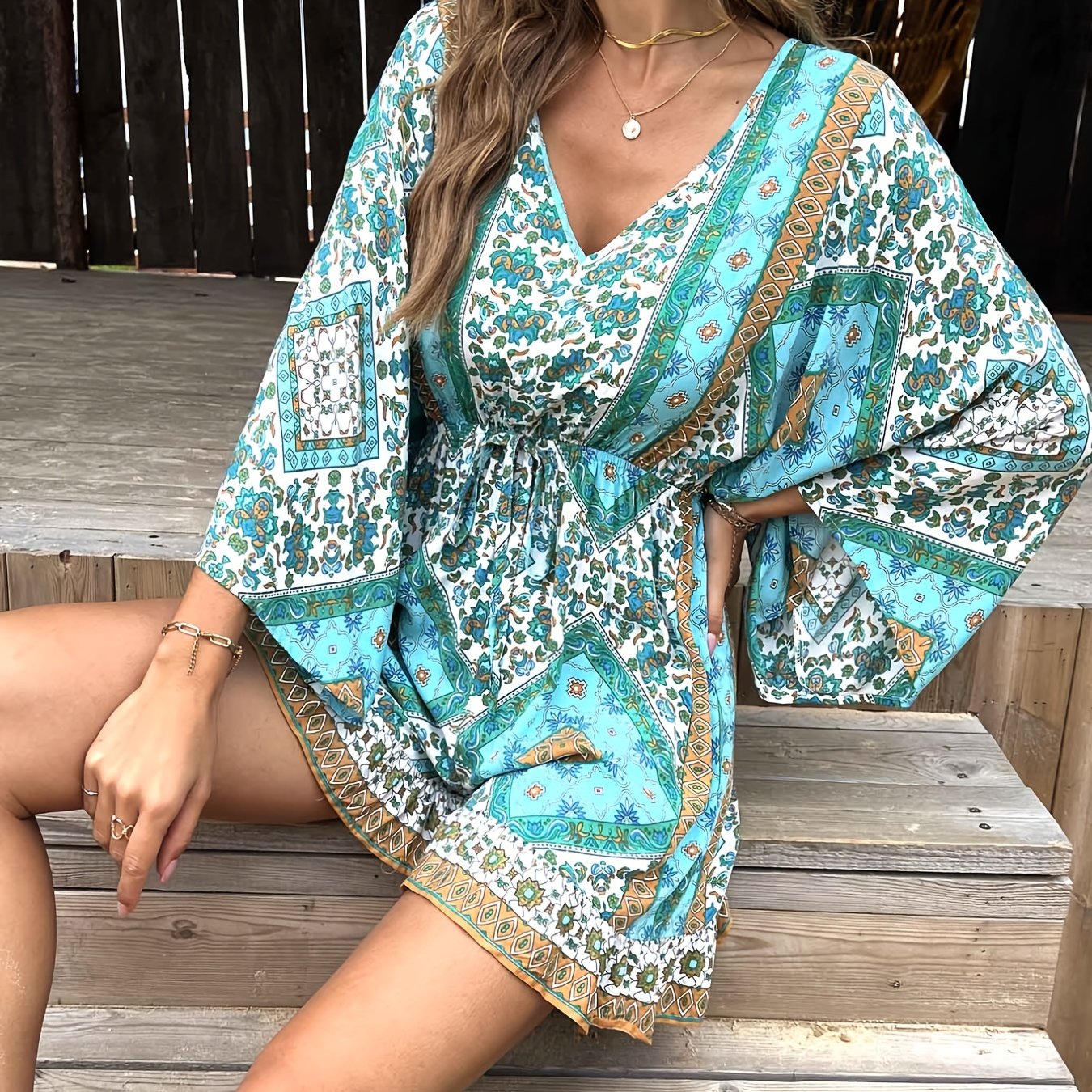 Bohemian Print Lace Up Waist Jumpsuit Bo...