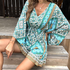 Bohemian Print Lace Up Waist Jumpsuit Bo...