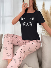 Cat Print Pajama Set Short Sleeve Top & Pant