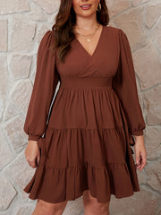 Solid Tie Long Sleeve Ruffle Trim Smock Dress