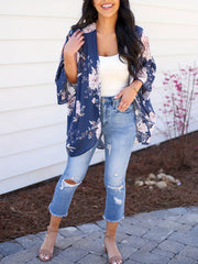 Floral Print V Neck Cover Up Shirt Loose Fit Non Stretch Half Sleeves Cardigan