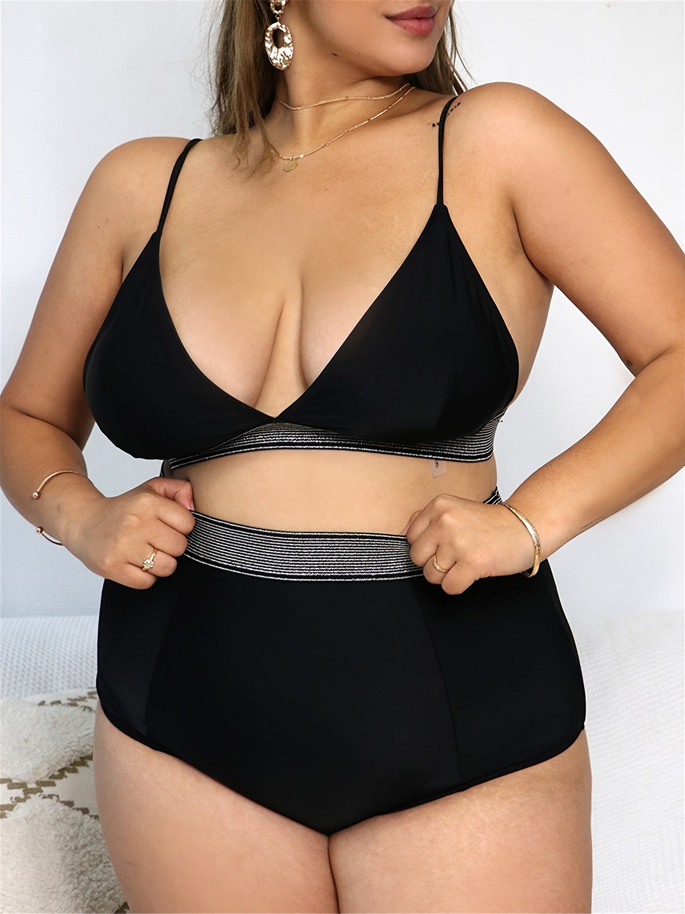 Colorblock High Waist Bikini Set Plus Size Women's Swimsuit
