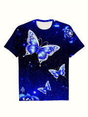 Butterfly Pattern Crew Neck Short Sleeve T-shirt for Summer Sports