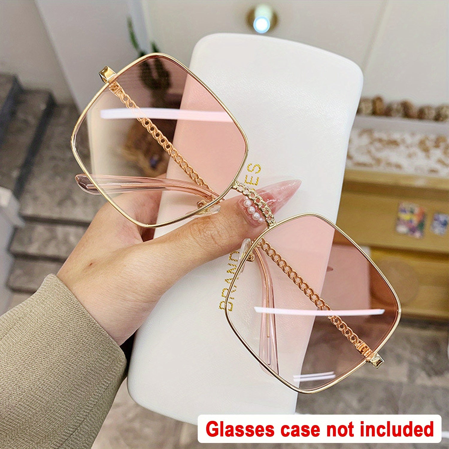 Large Square Sunglasses Gradient Chain Metal Glasses UV400