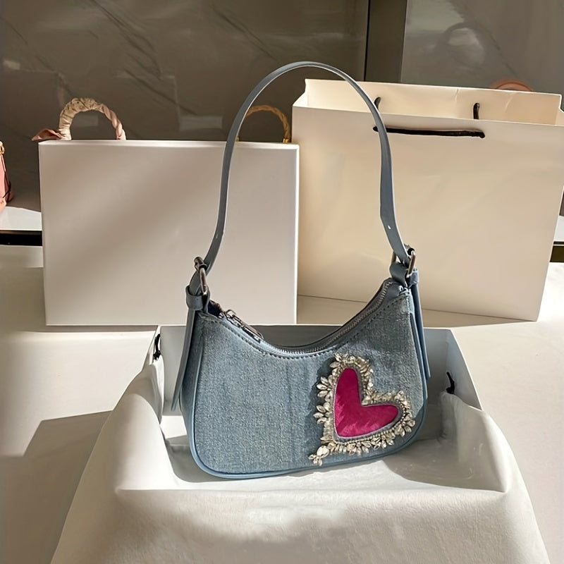 Y2K Heart Shoulder Bag Denim Handbag for Women