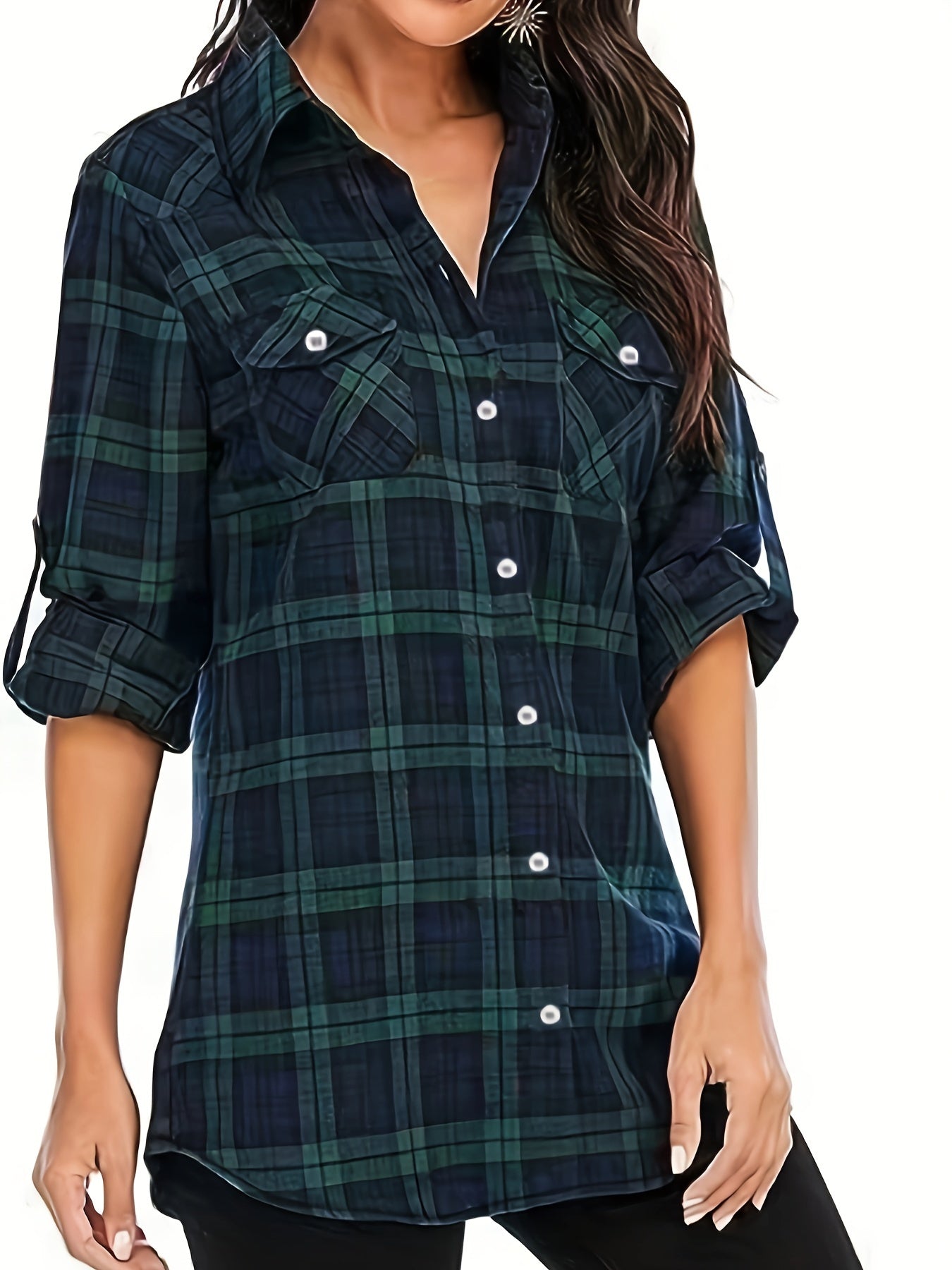 Plaid Print Button Up Long Sleeve Blouse