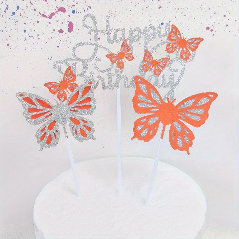3pcs Glitter Butterfly Cake Toppers with Happy Birthday Topper