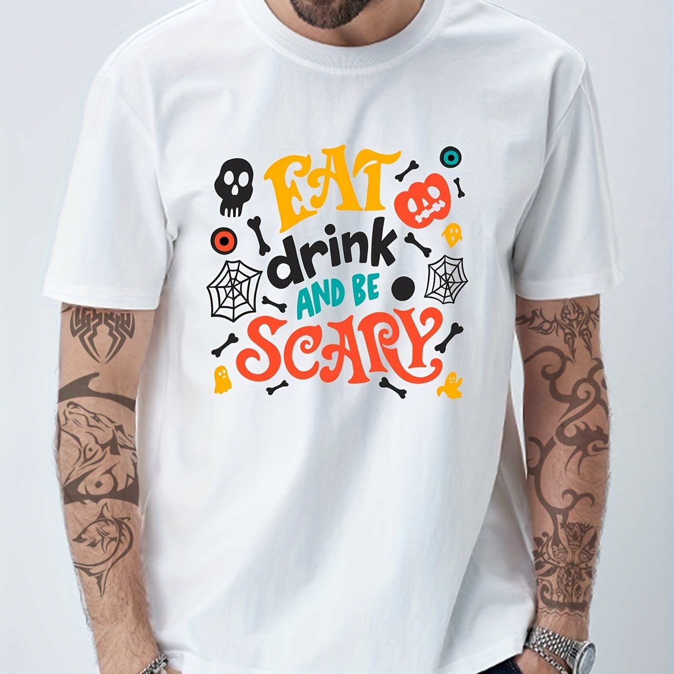 Cotton Halloween Print Men's Crew Neck Tshirt Casual Tees