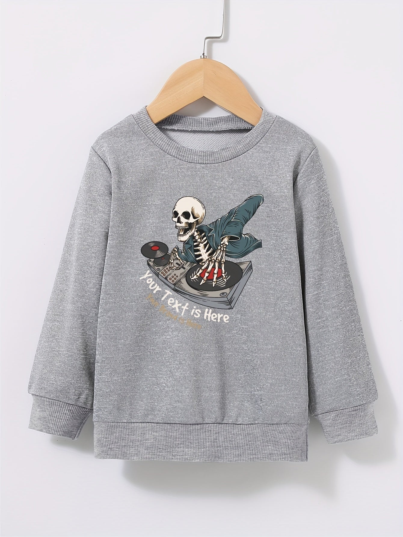 Cartoon DJ Skeleton Print Kid's Sweatshirt Halloween Style Long Sleeve Top