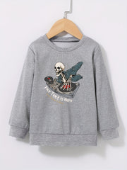 Cartoon DJ Skeleton Print Kid's Sweatshirt Halloween Style Long Sleeve Top