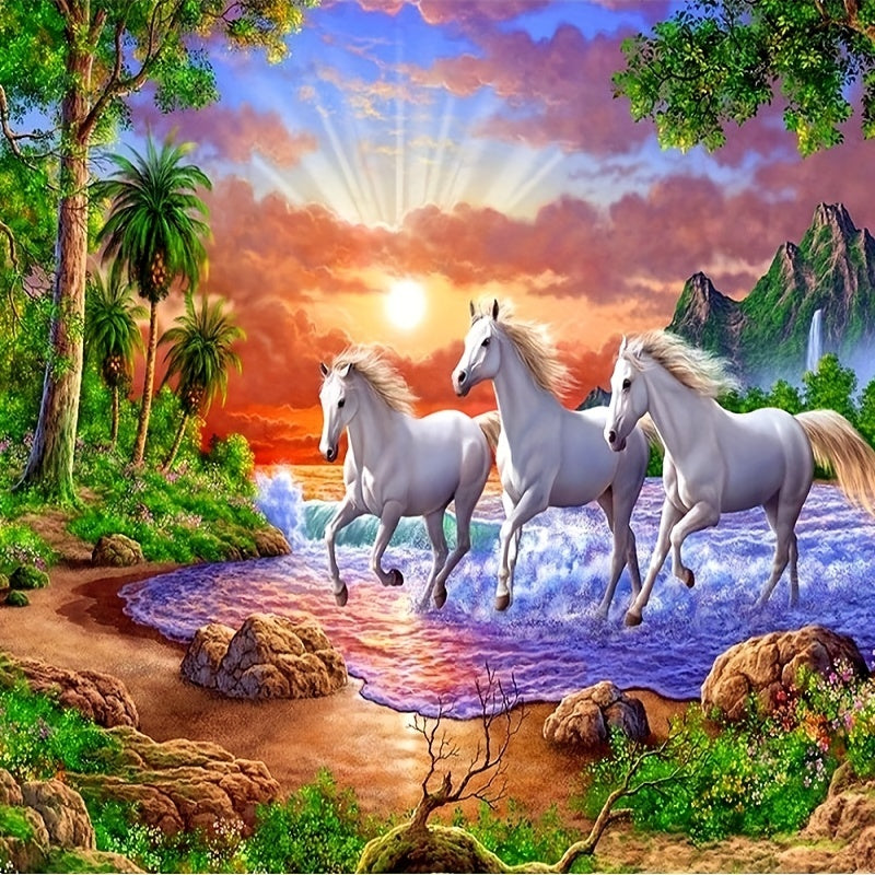 DIY 5D Diamond Painting Kit Horses Pentium Home Wall Decor Gift 30x11in