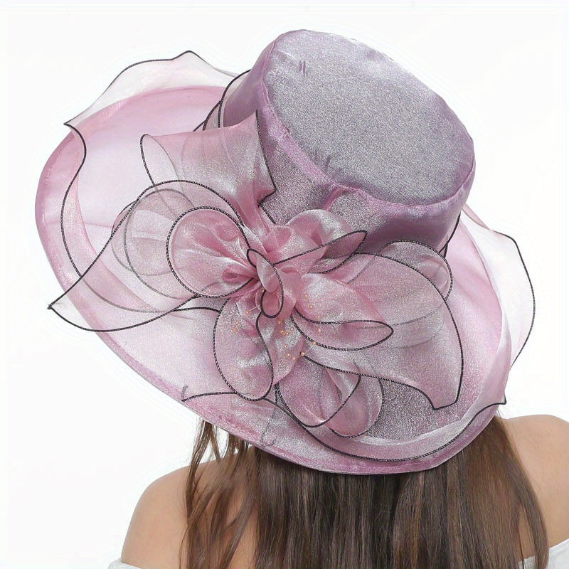 Wide Brim Church Derby Hat Mesh Flower Decor Organza Sun Hat