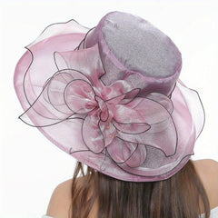 Wide Brim Church Derby Hat Mesh Flower Decor Organza Sun Hat
