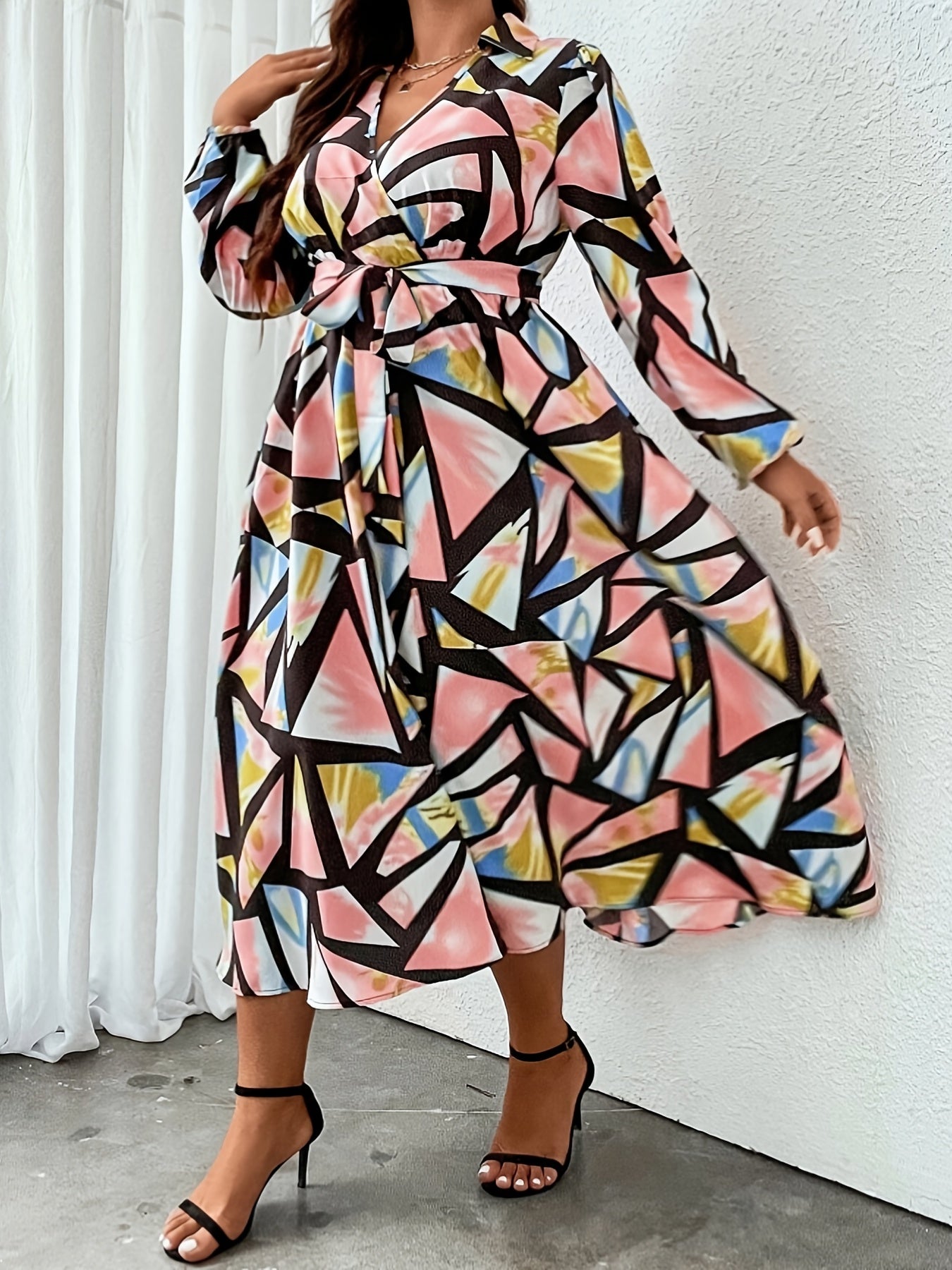 Colorblock Geo Print Long Sleeve Surplice Neck Dress