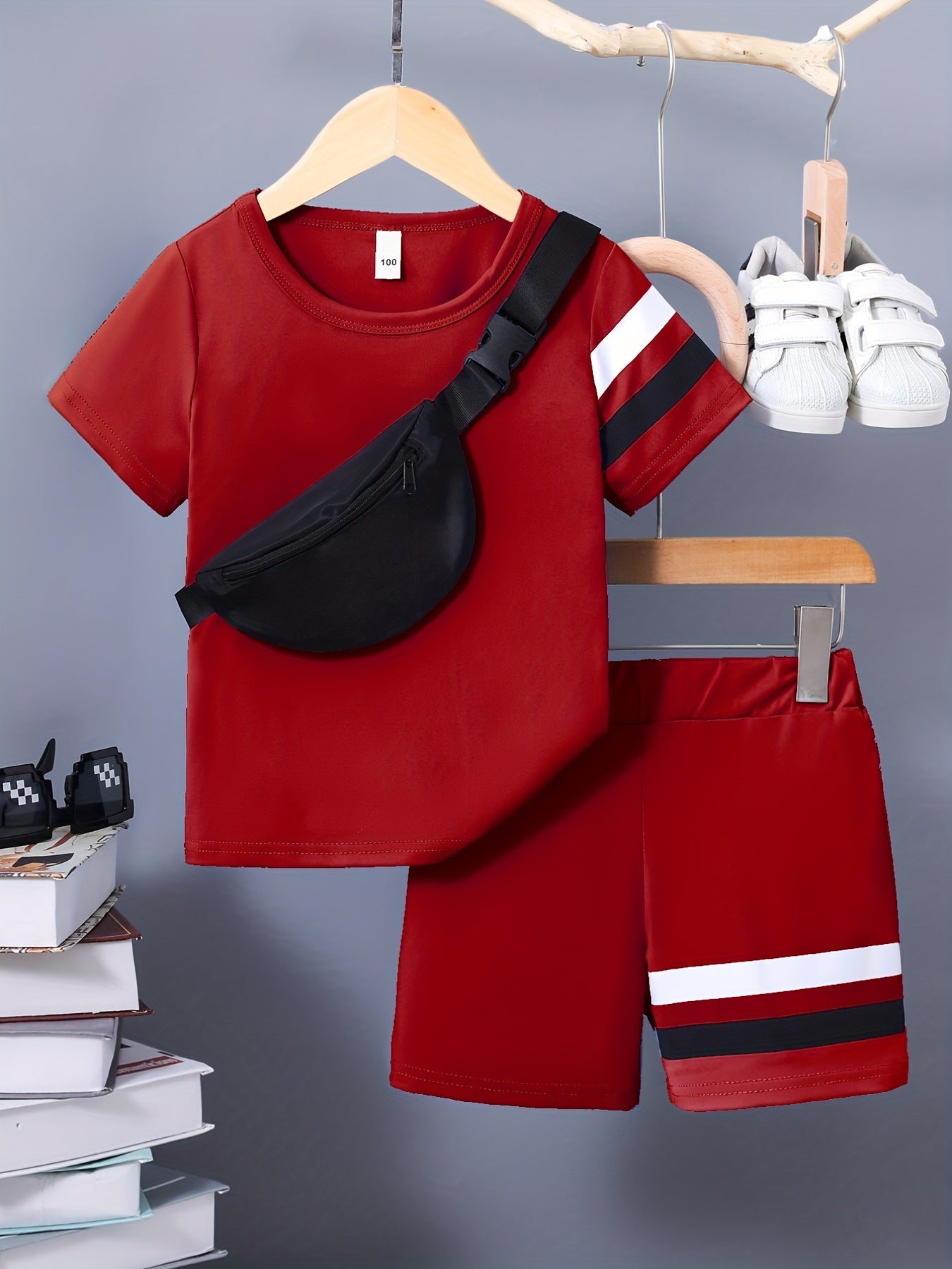 3pcs Boys Casual Stripe Short Sleeve T shirt&Shorts&Crossbody Bag Set