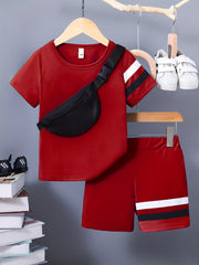 3pcs Boys Casual Stripe Short Sleeve T shirt&Shorts&Crossbody Bag Set