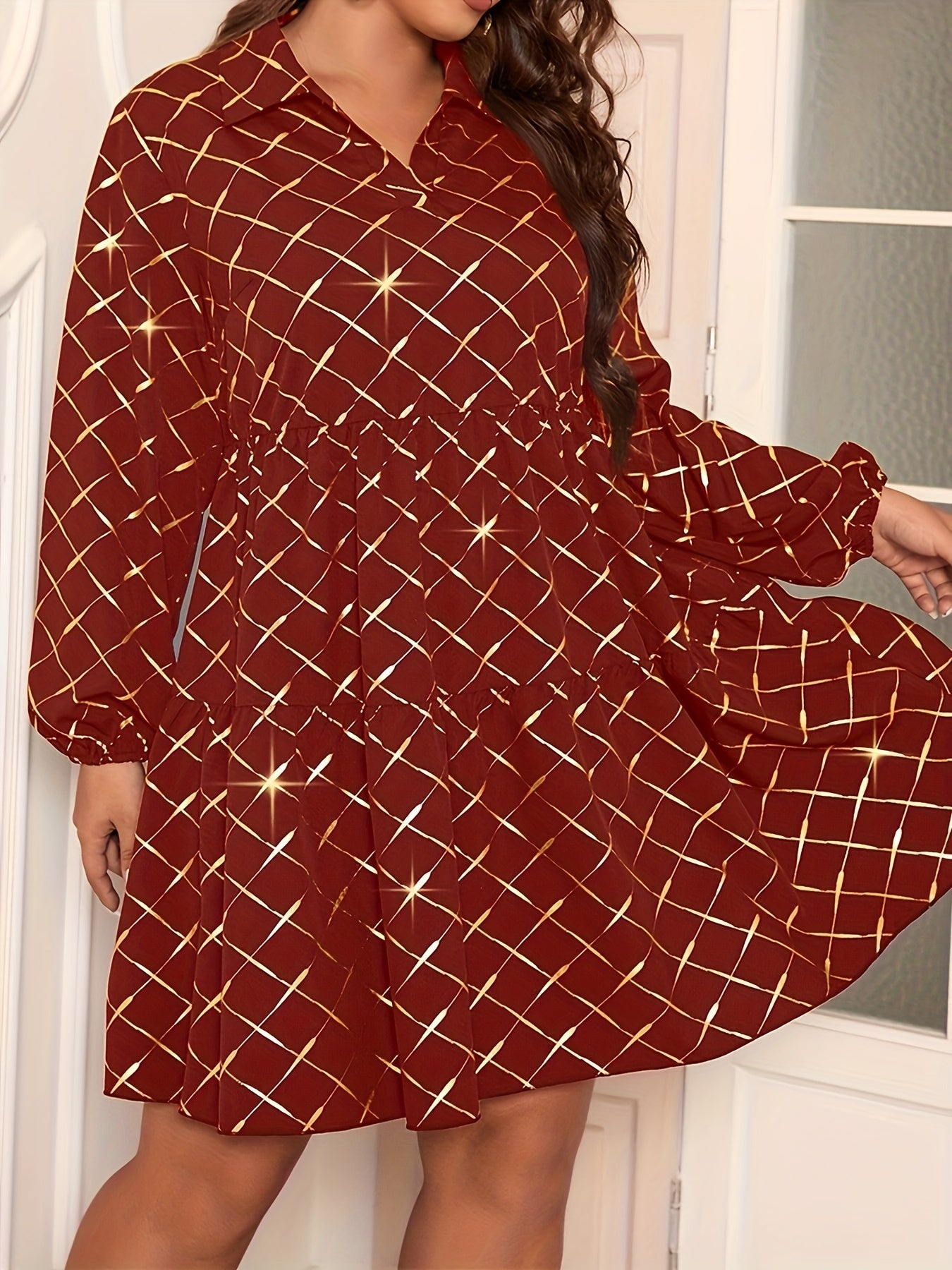 Women's Golden Argyle Print V Neck Smock Mini Dress