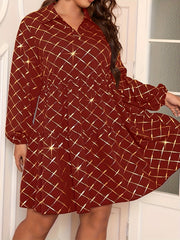 Women's Golden Argyle Print V Neck Smock Mini Dress