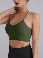 Solid Ribbed Cami Sports Bra High Stretch Yoga Bra With Chest Pad