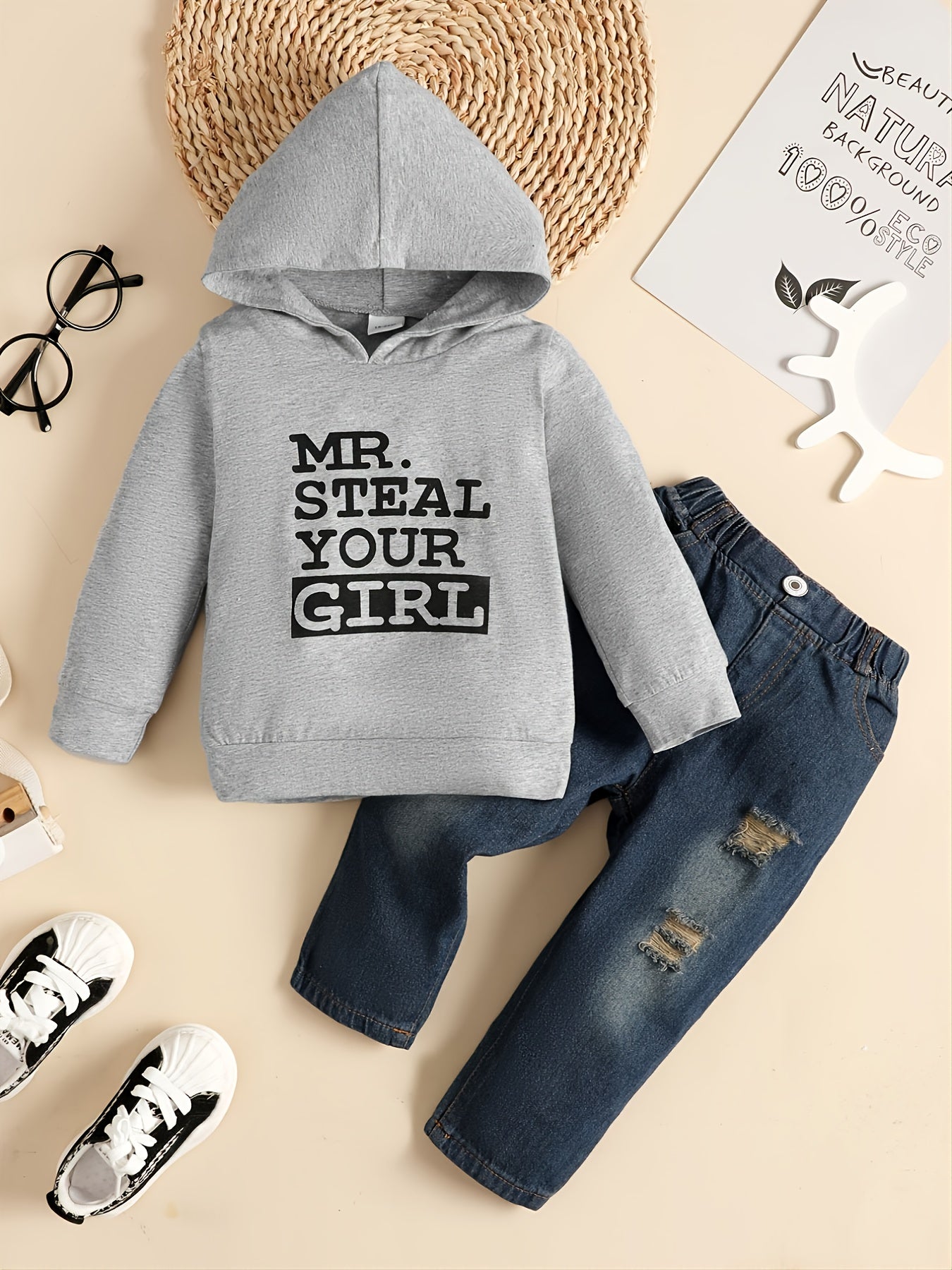 Kids Casual Letter Print Hooded Sweatshirt & Ripped Denim Pants Set