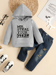 Kids Casual Letter Print Hooded Sweatshirt & Ripped Denim Pants Set