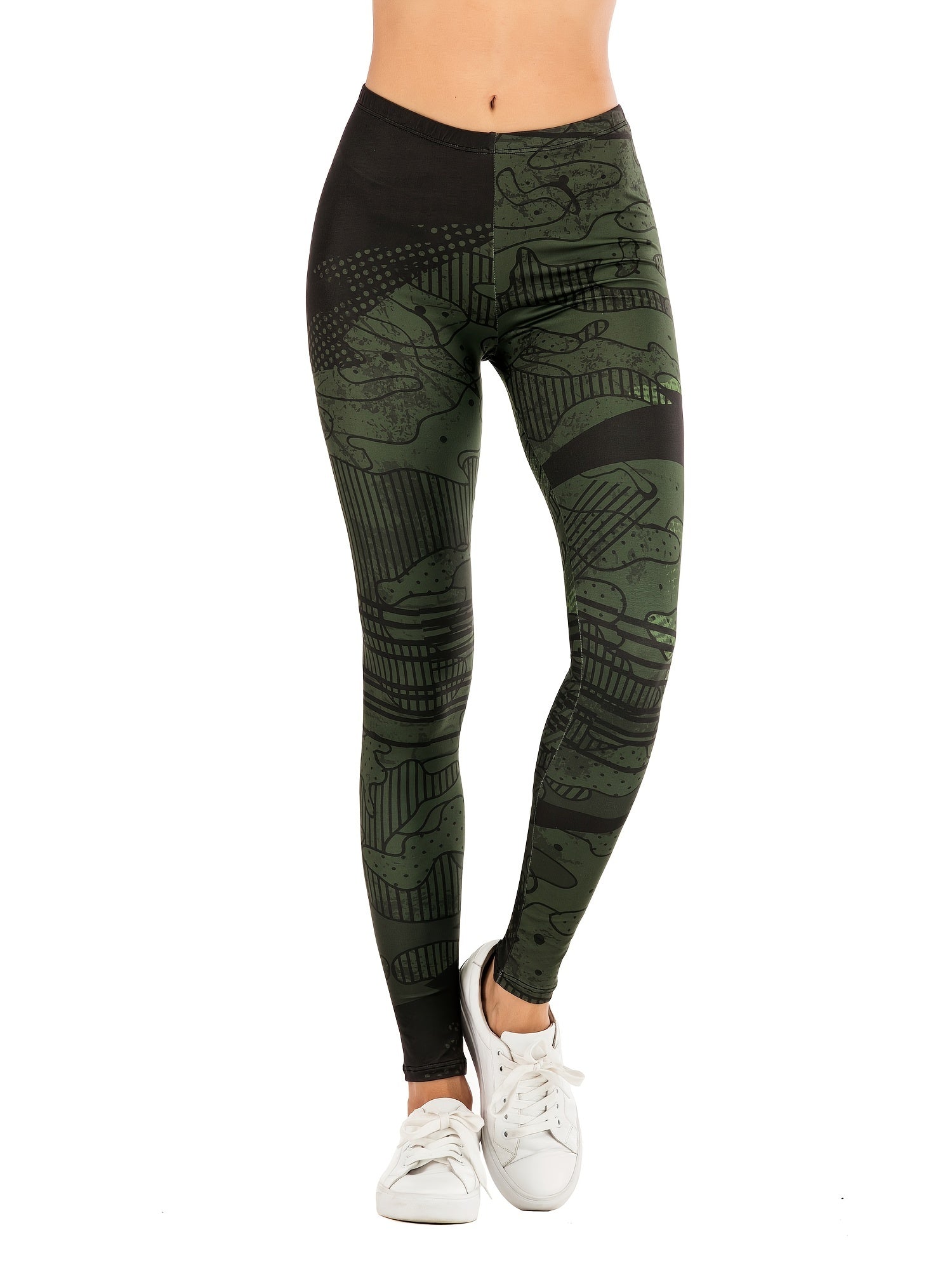 Sexy Green Graffiti Print Leggings High Waist Slim Leggings