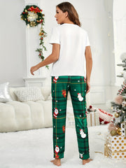 Christmas Print Lounge Set Short Sleeve Top & Plaid Pants Women's Loungewear
