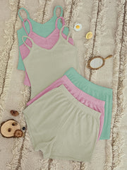 Waffle Knit Pajama Set: V Neck Cami Top & Shorts - 6 Pc