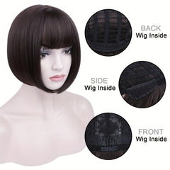 Short Straight Wig 4 Colors Natural Fluffy Wig Straight Bangs Women Daily Party