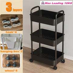 3-Layer Plastic Shelf Storage Rack with Hanging Box and Hooks