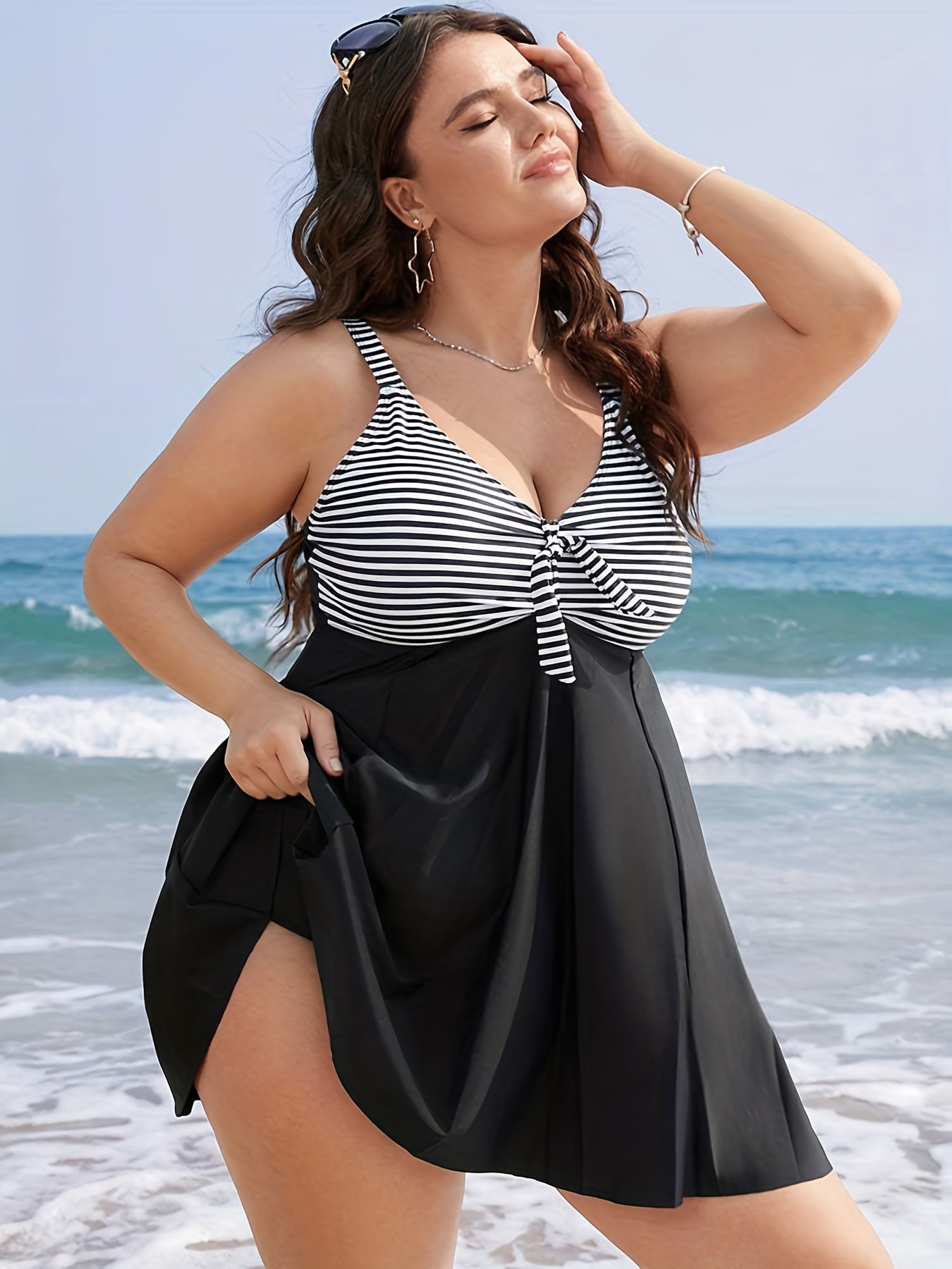 Colorblock Stripe Print Swimsuit Set
