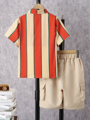 2pcs Boys Teen Casual Striped Shirt & Shorts Set for Summer