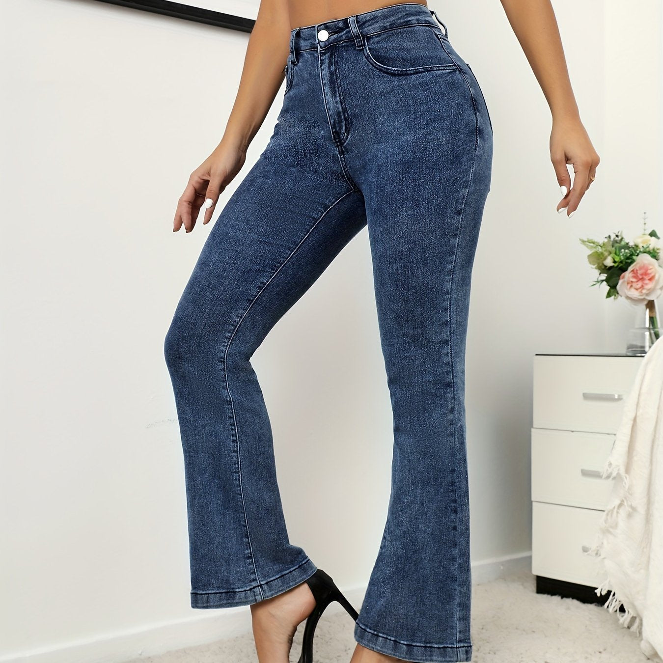 Dark Flared Jeans Wide Legs Bell Bottom High Waist Denim Pants