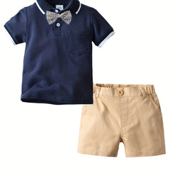 Boys Casual Polo Shirt & Shorts Set with Bow Tie