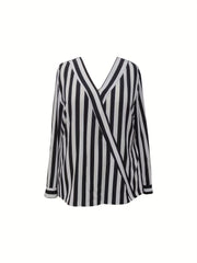 Striped Long Sleeve Surplice Neck Blouse