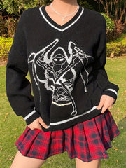 Halloween Grim Reaper Print Sweater Long Sleeve V Neck Pullover Jumper