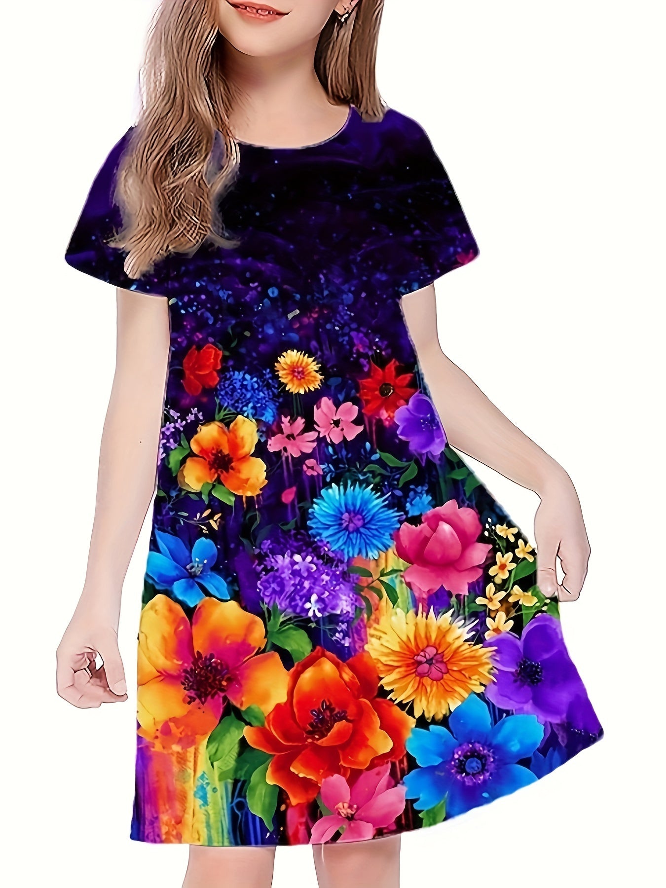 Flower Print Short Sleeve Dress for Summer Party
