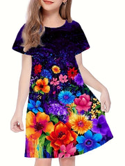 Flower Print Short Sleeve Dress for Summer Party